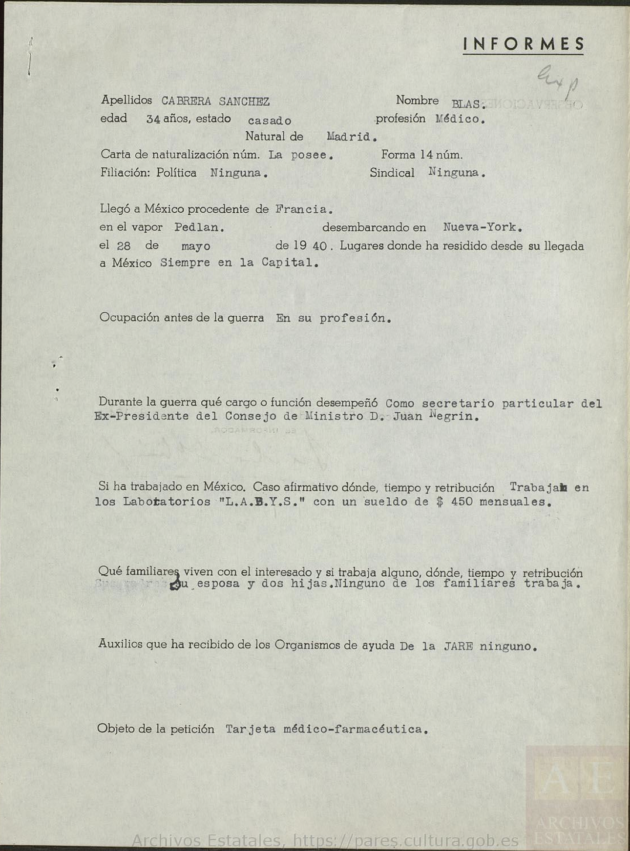 Expediente del refugiado en México Blas Cabrera Sánchez. Archivo General de la Administración, AGA,12,02722,018.